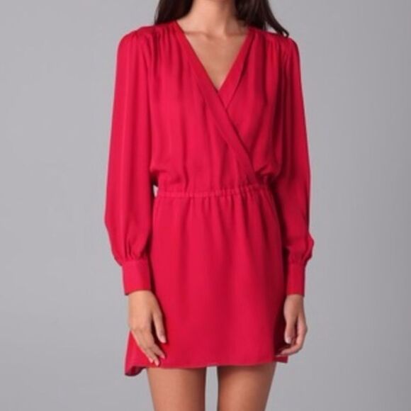 PARKER Silk Long Sleeve Mini Wrap Dress Red S - Picture 1 of 12